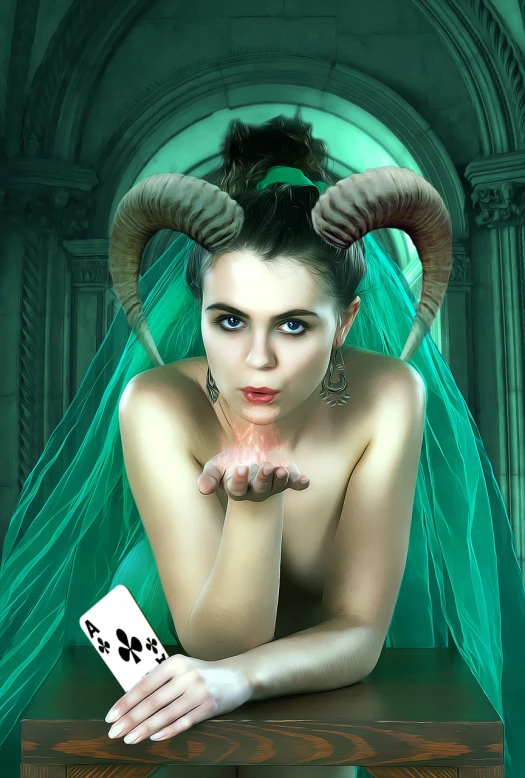 a woman with horns on her head holding a card, digital art, inspired by Anne Stokes, nagash editorial, phot