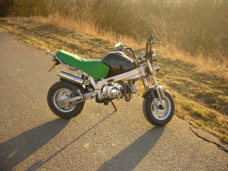 a green motorcycle parked on the side of a road, inspired by Alex Petruk APe, flickr, front view 2 0 0 0, gremlin, sexy-s 100, handmade