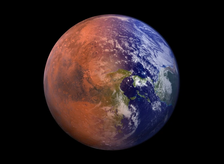 a picture of the earth taken from space, a digital rendering, by Jon Coffelt, massurrealism, mars as background, heat, harold newton, larger than earth