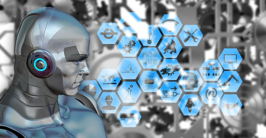 a robot with headphones standing in front of hexagons, futurism, tools, detailed image, blue cyborg, figures