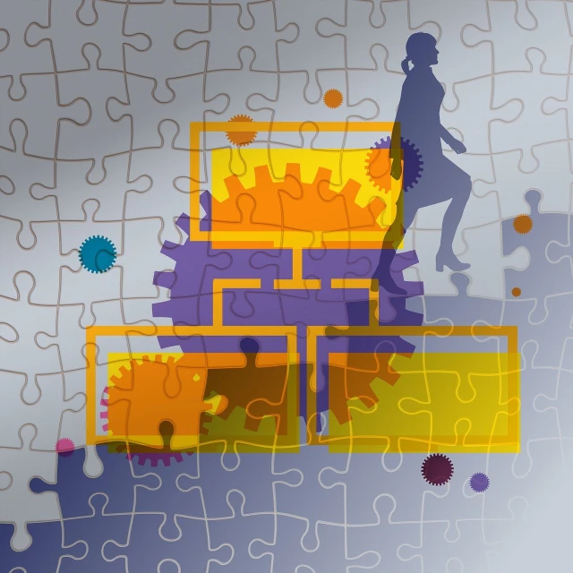 a person standing on top of a pile of puzzle pieces, a picture, digital art, yellow and purple color scheme, girl creates something great, trapped on a hedonic treadmill, worksafe. illustration