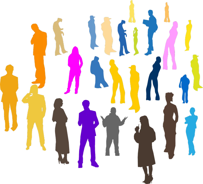 a group of people standing in a circle, concept art, by David Burton-Richardson, trending on pixabay, spritesheet, [ colourful, silhouetted, cad