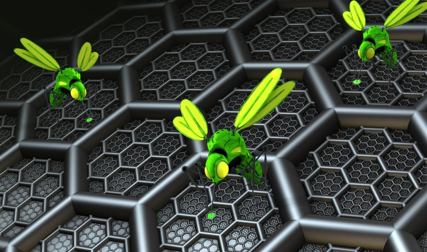 a group of small green bugs sitting on top of hexagons, a screenshot, digital art, 3d bee made of metal, basil flying, close - up photo, green technology