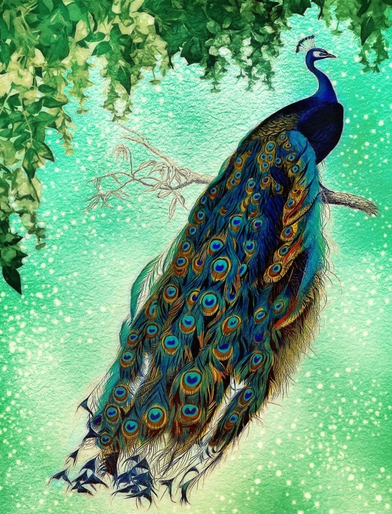 a peacock sitting on top of a tree branch, a detailed painting, behance contest winner, arabesque, high detailed + tarot card, glossy flecks of iridescence, elegant floating pose, whimsical art