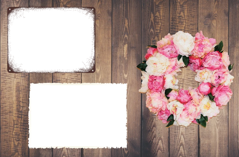 a wreath of pink and white flowers next to a photo frame, a picture, shutterstock, black color scheme, wood texture overlays, full device, wedding