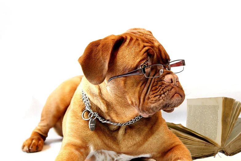 a dog laying down next to an open book, a photo, pixabay, !!wearing glasses!!, mad dog on a chain, corporate boss, wrinkly