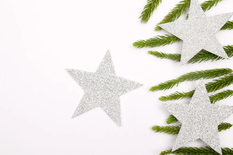 a couple of silver stars sitting on top of a christmas tree, a photo, minimalist composition, istockphoto, flatlay, branches