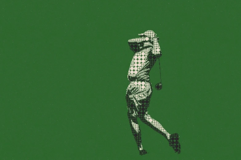 a man swinging a tennis racquet on a tennis court, a digital rendering, inspired by Shirley Teed, dribble, halftone dots, perfect green fairway, screen printed, augusta national