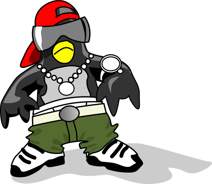 a cartoon penguin wearing a red hat and green pants, inspired by Jacob Duck, tumblr, wearing techwear and armor, wearing a bandana and chain, black and white clothes, random background scene