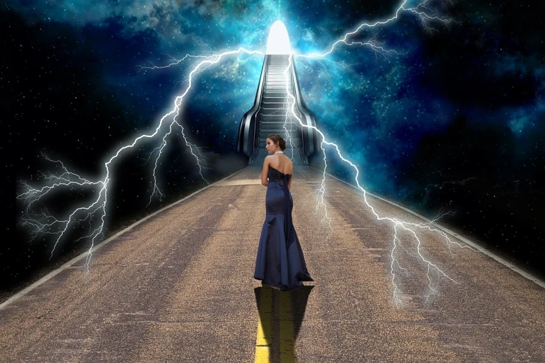 a woman in a blue dress standing in the middle of a road, concept art, by Wayne England, pixabay contest winner, surrealism, stairway to heaven, dark storms with lightning, high quality fantasy stock photo, of a family leaving a spaceship