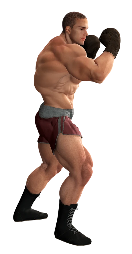 a close up of a person wearing boxing gloves, a 3D render, inspired by Daryush Shokof, muscular thighs, right side profile, mudoken, six-pack