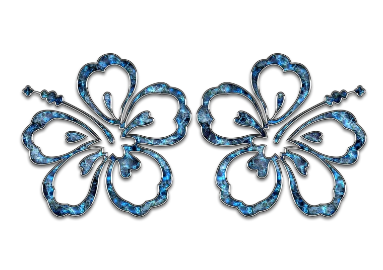 a pair of earrings sitting on top of a black surface, a digital rendering, deviantart, art nouveau, plumeria, blue image, glittering multiversal ornaments, rorsach path traced