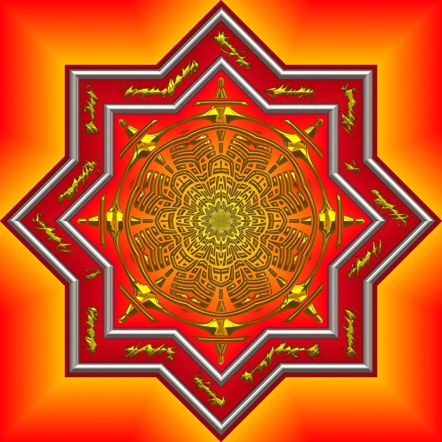 a red and yellow star on a red background, a digital rendering, inspired by Alex Grey, psychedelic art, arabian calligraphy, masterpiece”, key is on the center of image, full color illustration