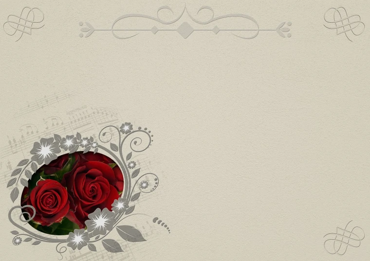 a bunch of red roses sitting on top of a table, a digital rendering, art nouveau, handcrafted paper background, silver, concert, beige background