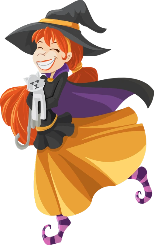 a little girl dressed as a witch holding a cat, a cartoon, shutterstock, with a beautifull smile, molly weasley, no gradients, kim possible