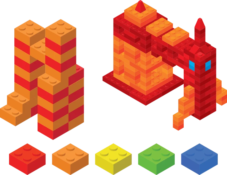 an image of a building made out of legos, inspired by Kubisi art, trending on polycount, pixel art, fiery coloring, grid montage of shapes, isometric style, flame stones are scattered