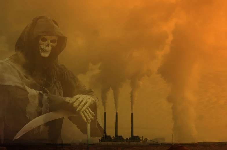 a man with a scythe standing in front of a factory with smoke coming out of it, shutterstock, nuclear art, the grim reaper, photo illustration, fuming effigy, stock photo