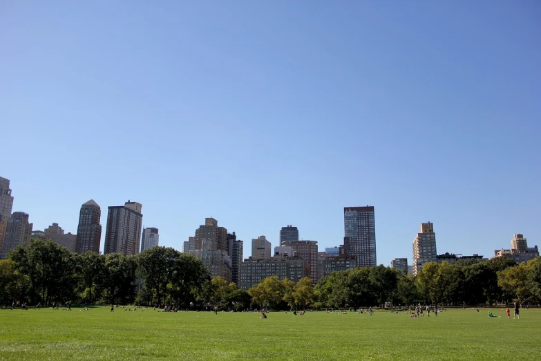 a man flying a kite on top of a lush green field, a picture, new york buildings, park on a bright sunny day, people resting on the grass, usa-sep 20