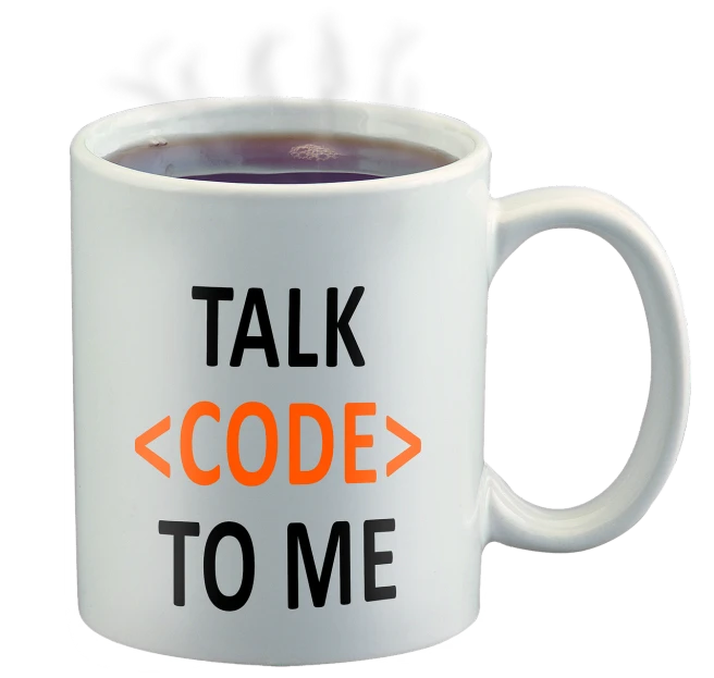 a coffee mug with the words talk code to me on it, by Jan Verkolje, pixabay, npc talking, full body shot, 2 0 1 0 photo, steam