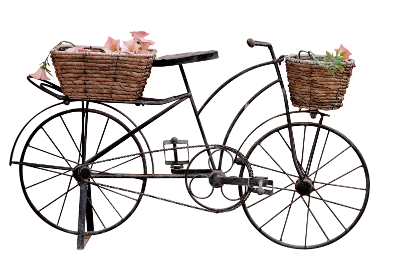 a bicycle with a basket of flowers on the back, by Albert Swinden, folk art, on a black background, side view intricate details, made of wrought iron, full width