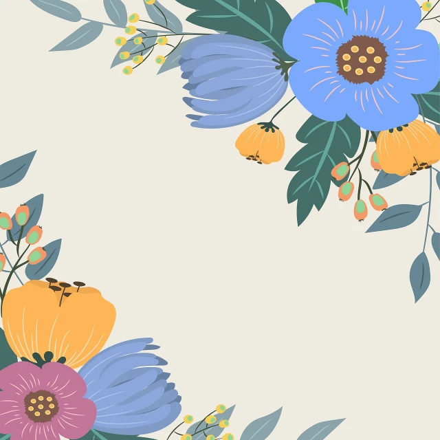 a bunch of flowers sitting on top of a table, a digital painting, art nouveau, flat vector art background, corner, whole page illustration, on a pale background