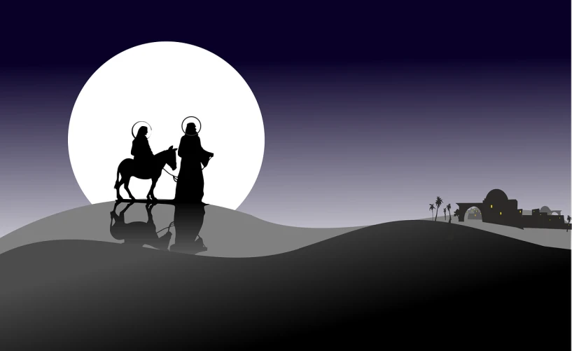 a couple of people riding on the back of a horse, an illustration of, inspired by Geertgen tot Sint Jans, shutterstock, night photo, crossing the desert, high contrast illustration, christmas