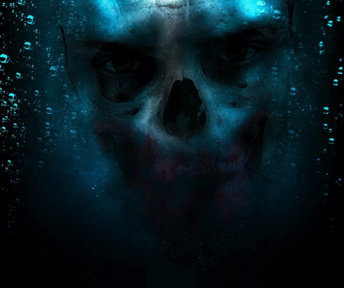a close up of a skull in the water, digital art, digital art, movie poster with no text, gothic face, under blue, ominous dark background