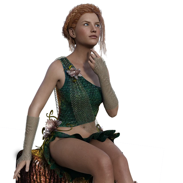 a woman sitting on top of a tree stump, a 3D render, inspired by Daphne Fedarb, renaissance, triss merigold cosplay, detailed upper body, pixie character, 3d model rigged