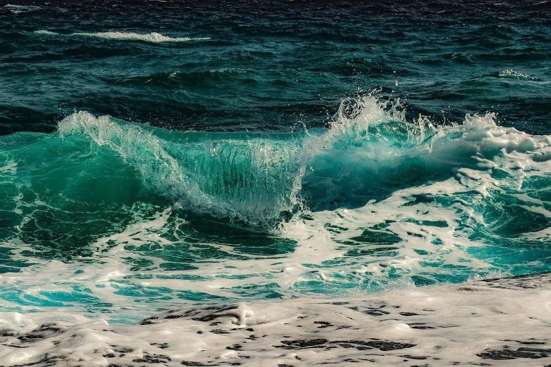 a person riding a surfboard on a wave in the ocean, pexels, fine art, paul barson, blue crashing waves, glistening seafoam, painting of splashing water