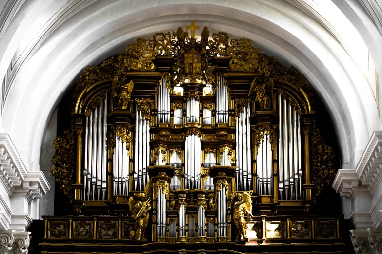 a large pipe organ sitting inside of a building, flickr, baroque, gold gates of heaven!!!!!!!!, high contrast!!, stanisław, odd pipes