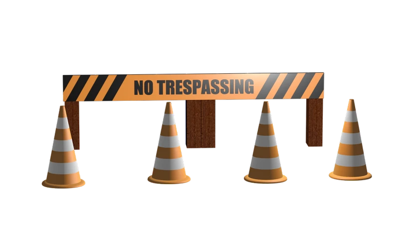 a no trespassing sign surrounded by traffic cones, a digital rendering, trending on pixabay, graffiti, cinema 4d multi-pass ray traced, on black background, screenshot from a movie, striped