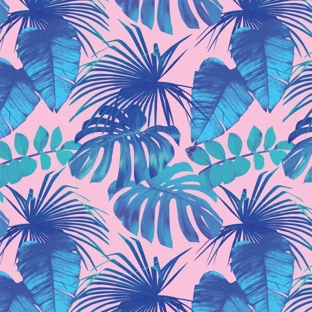 a pattern of blue palm leaves on a pink background, miami. illustration