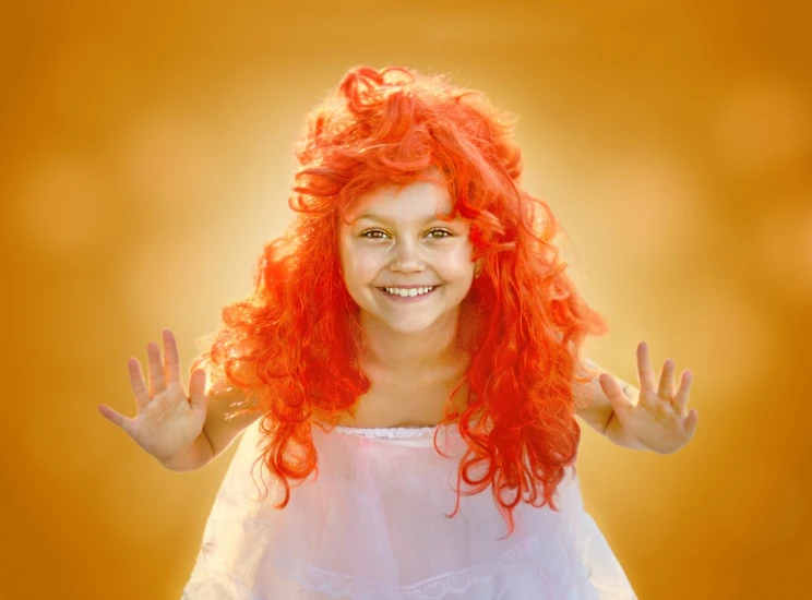 a woman with red hair posing for a picture, inspired by Harriet Powers, shutterstock contest winner, renaissance, happy kid, orange halo, big hair, advertising photo