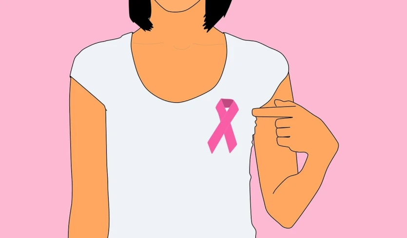 a woman in a white shirt with a pink ribbon on her chest, an illustration of, pixabay, finger, tank top, support, sticker illustration