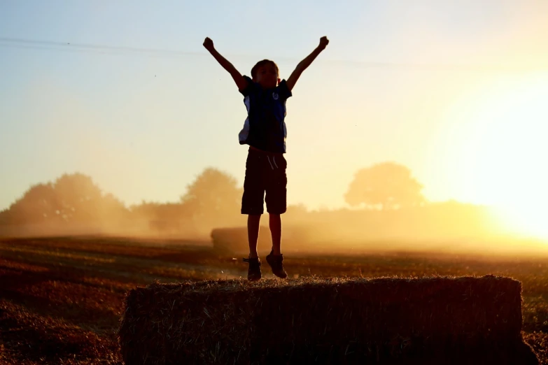 a person standing on top of a hay bale, pexels, happy kid, in the early morning, arms held high in triumph, oscar winning