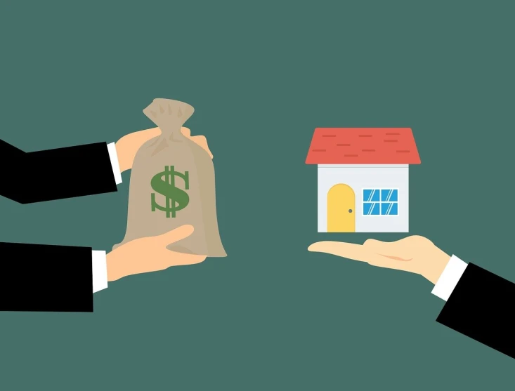 a person handing a bag of money to another person, an illustration of, shutterstock, house and home, on a flat color black background, sold at an auction, 2 0 2 2 photo