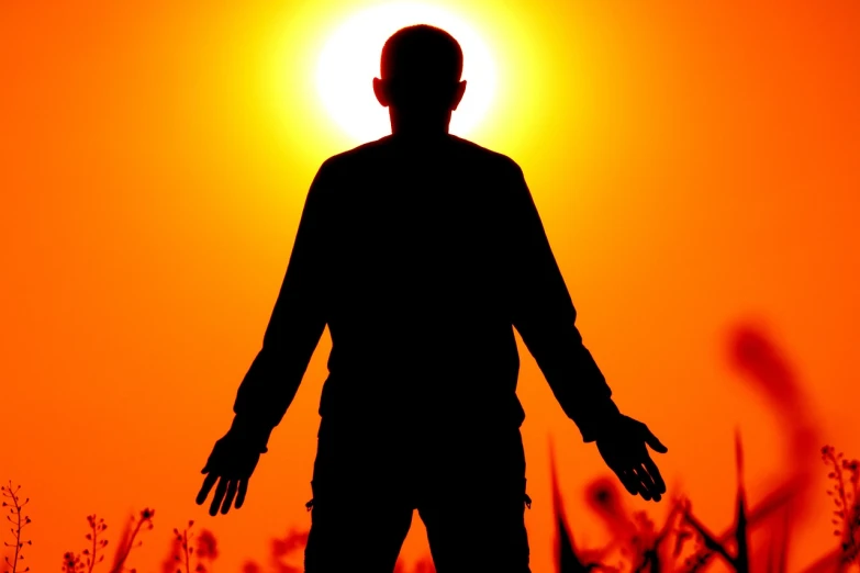 a silhouette of a man standing in a field at sunset, by Jan Rustem, precisionism, bright yellow and red sun, frontal pose, holy halo, bright sunny day