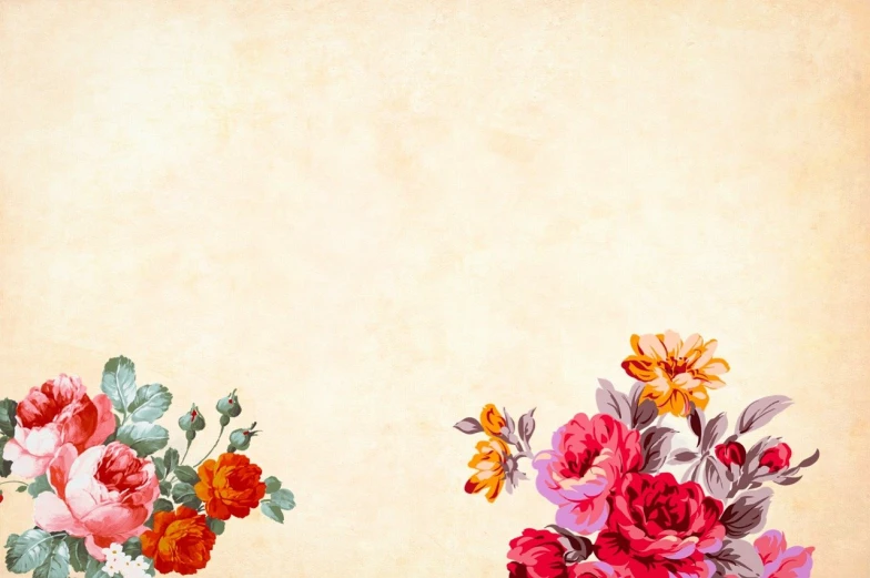 a couple of vases filled with flowers on top of a table, a digital painting, by Simon Gaon, trending on pixabay, baroque, paper texture 1 9 5 6, beige background, background image, vintage - w 1 0 2 4