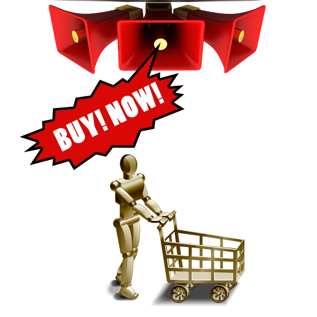 a man pushing a shopping cart with the words buy now, a stock photo, by Susan Heidi, futurism, view is centered on the robot, gold, imvu, 2 0 5 6 x 2 0 5 6