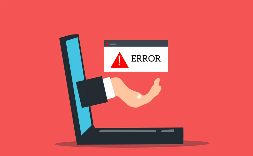 a hand holding a piece of paper with a error sign on it, shutterstock, computer art, pc screen image, flat illustration, red flags holiday, modern technology