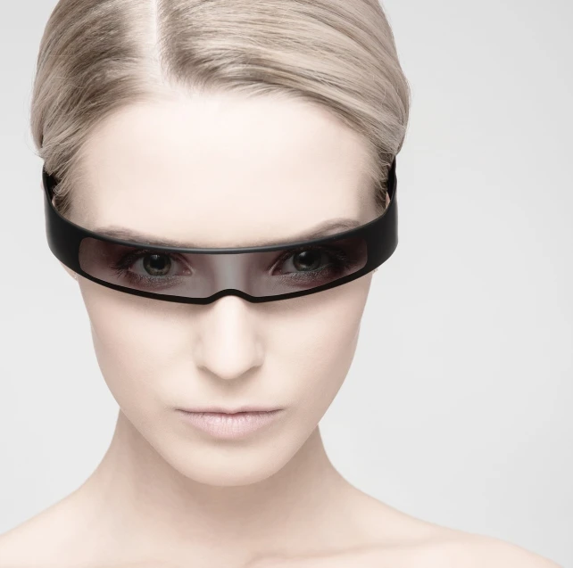 a woman with a pair of glasses on her face, a digital rendering, inspired by Eve Ryder, hypermodernism, sleek visor, frontal view, product design shot, beauty shot