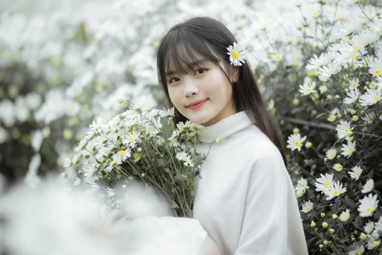 a woman holding a bunch of white flowers, a picture, inspired by Ma Yuanyu, tumblr, portrait shot 8 k, smiling girl, hoang long ly, side portrait of cute girl