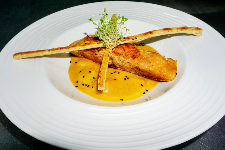 a close up of a plate of food on a table, inspired by Charles Le Roux, golden fish in water exoskeleton, restaurant menu photo, warm and joyful atmosphere, cane