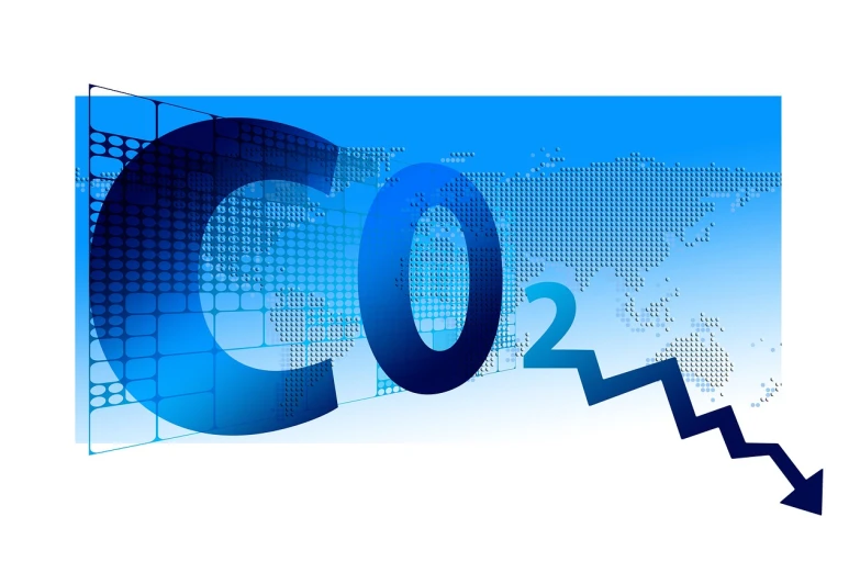 a graphic of a co2 graph with a world map in the background, an illustration of, conceptual art, blue image, word, flat 2 d, carbon fiber