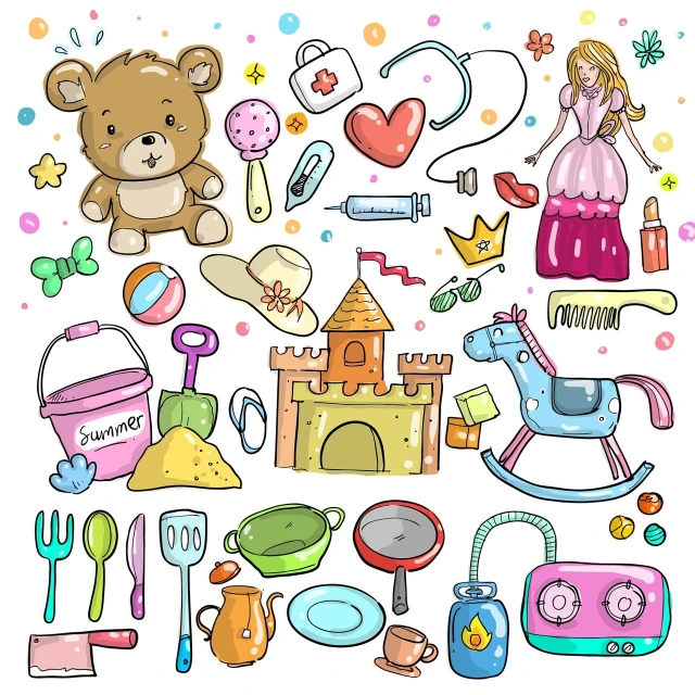 a collection of children's toys on a white background, shutterstock, process art, princess girl, full color illustration, goldilocks, various items