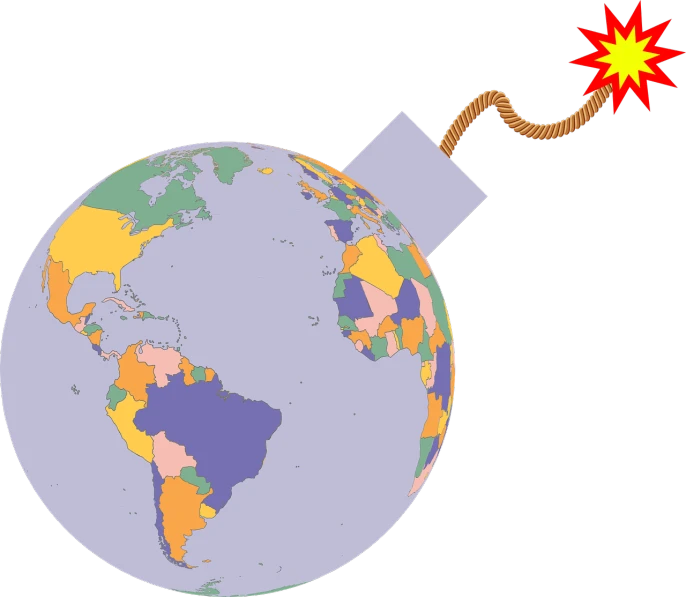 a bomb with a map of the world on it, by Hugh Hughes, excessivism, created in adobe illustrator, land mines, late 2000’s, exterminatus on earth