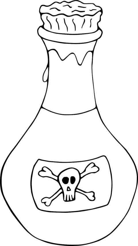 a vase with a skull and crossbones on it, lineart, pixabay, leather apron, dark. no text, back view, made of liquid