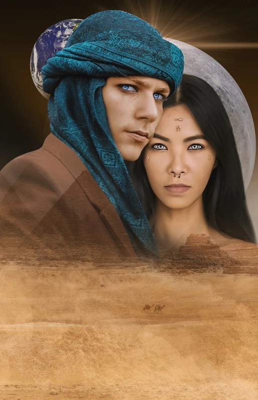 a man and a woman standing next to each other, a digital painting, digital art, arab young monica belluci, somewhere in sands of the desert, photoshop collage, with blue eyes