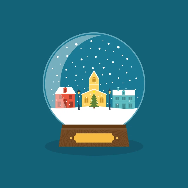 a snow globe with a small town inside, vector art, flat design, glass ball at the waist, majestic masterpiece, cloicsonne