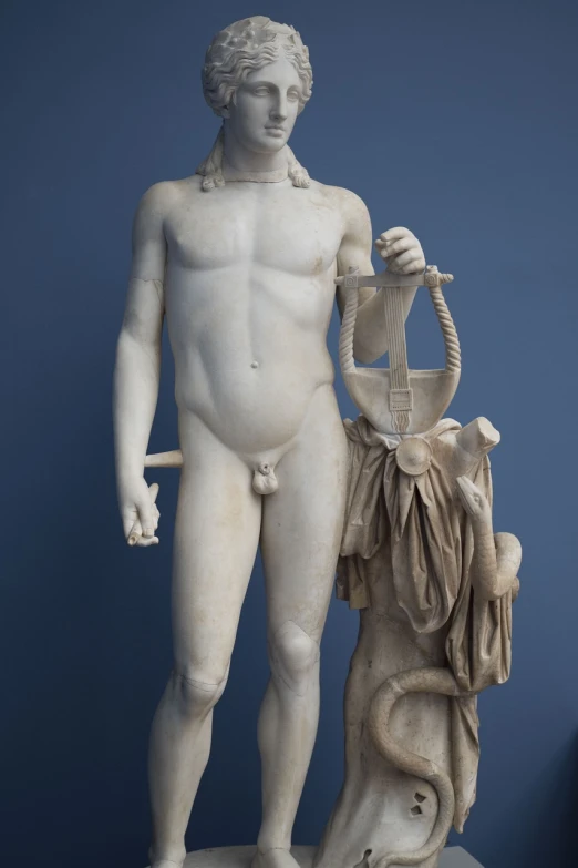 a statue of a man holding a water jug, a marble sculpture, by Nassos Daphnis, neoclassicism, accentuated hips, horn, a boy, vivid composition